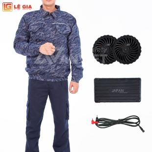 Áo điều hòa hai lớp cao cấp màu xanh loang có dải ghi phản quang Evinz AV11, Full bộ (áo + pin, quạt)