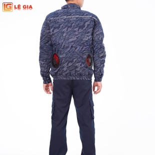 Áo điều hòa hai lớp cao cấp màu xanh loang có dải ghi phản quang Evinz AV11, Full bộ (áo + pin, quạt)